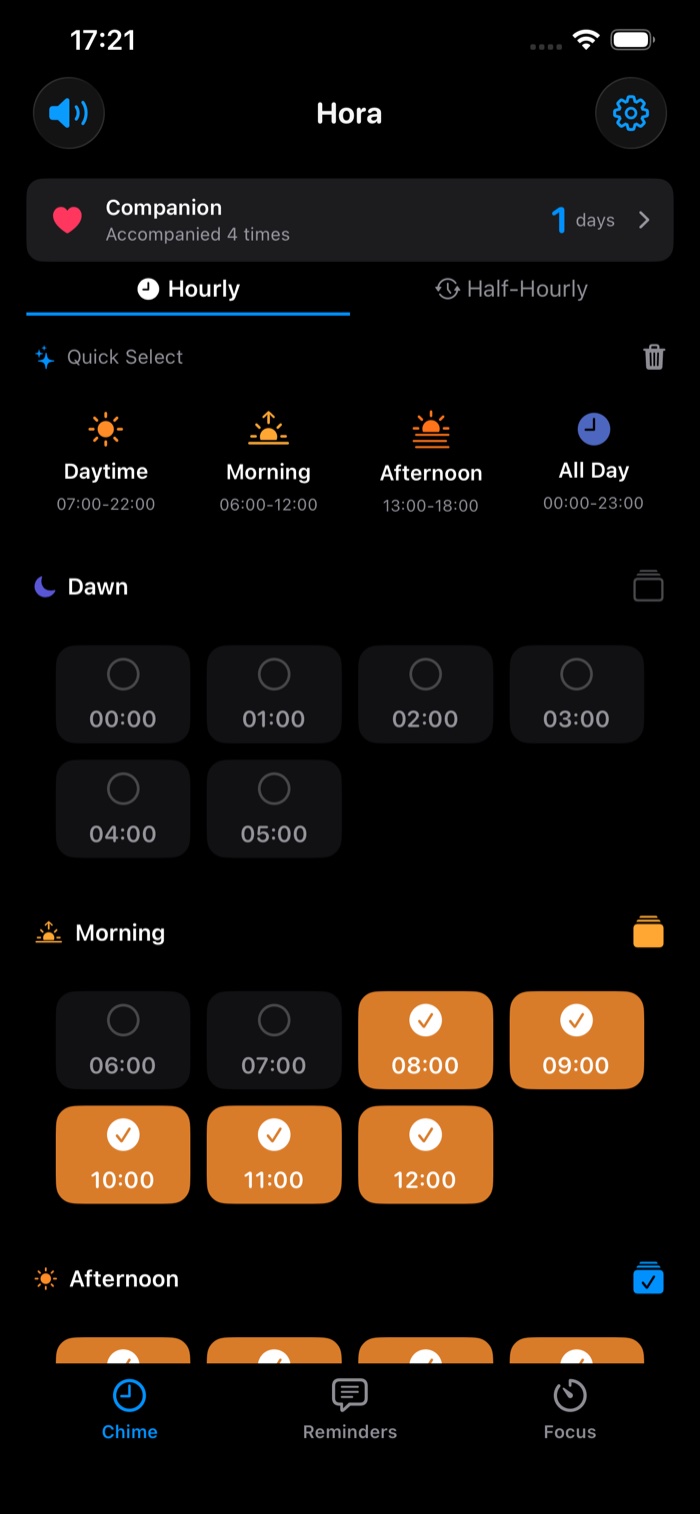 Hora hourly chime settings