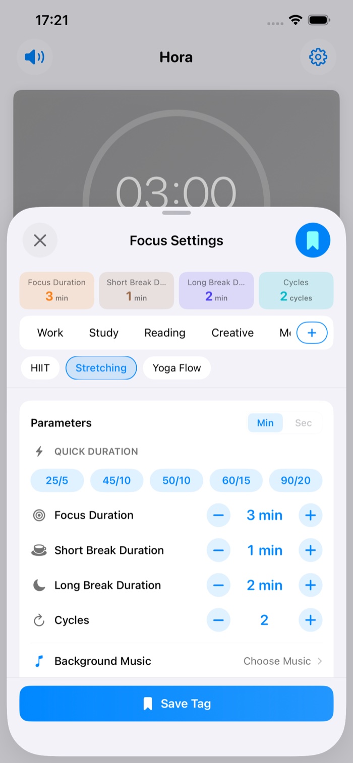 Pomodoro focus presets